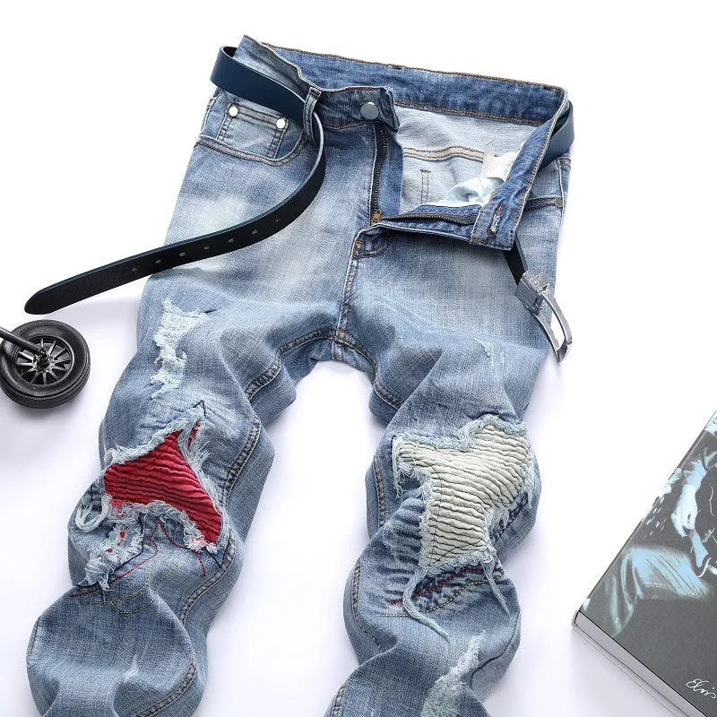 Motorcycle Jeans Fashion Men's Ripped Jeans Mid Waisted Urban Jeans