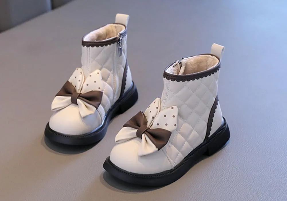 Toddler Girls Adorable Bowknot Fur Lined Ankle Boots Kids Outdoor Side Zipper Short Booties Winter Warm Shoes