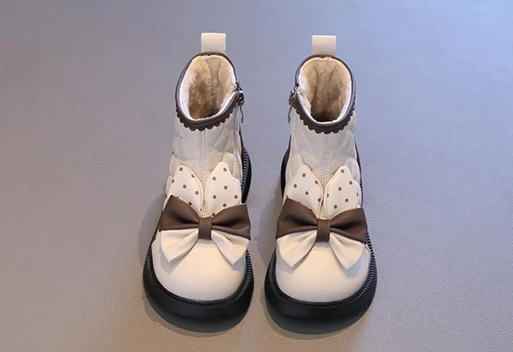 Toddler Girls Adorable Bowknot Fur Lined Ankle Boots Kids Outdoor Side Zipper Short Booties Winter Warm Shoes
