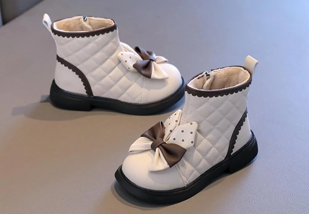 Toddler Girls Adorable Bowknot Fur Lined Ankle Boots Kids Outdoor Side Zipper Short Booties Winter Warm Shoes