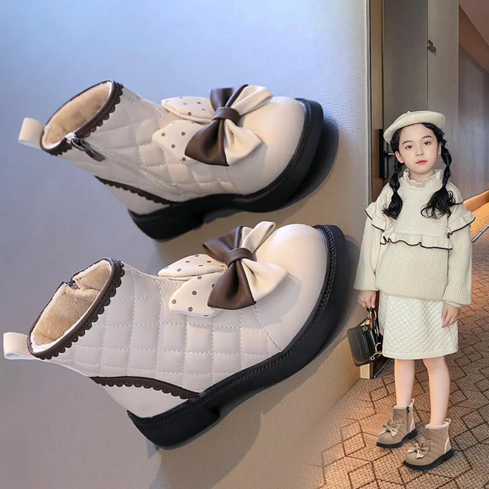 Toddler Girls Adorable Bowknot Fur Lined Ankle Boots Kids Outdoor Side Zipper Short Booties Winter Warm Shoes
