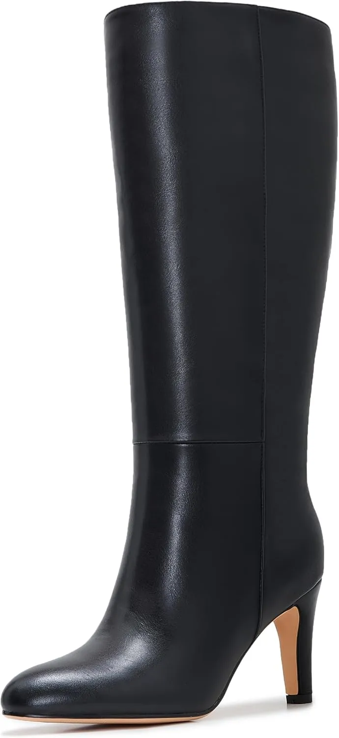 Wide Calf Knee High Boots For Women Leather Plus Size Tall Kitten Heel Boots Round Toe Side Zipper