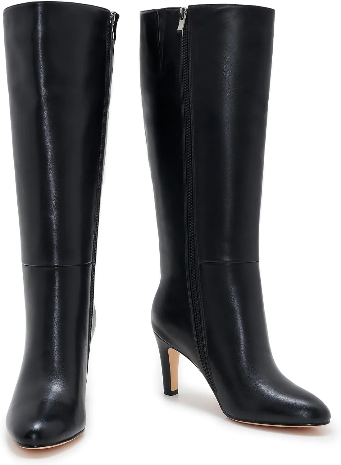 Wide Calf Knee High Boots For Women Leather Plus Size Tall Kitten Heel Boots Round Toe Side Zipper