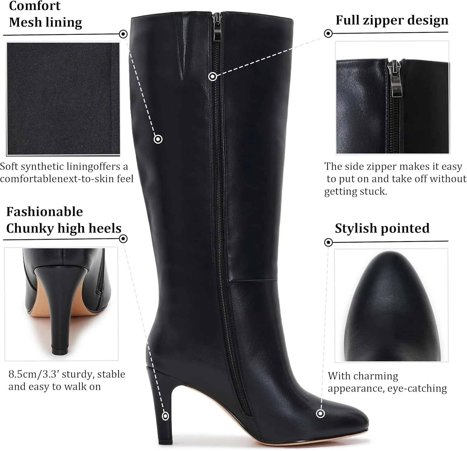 Wide Calf Knee High Boots For Women Leather Plus Size Tall Kitten Heel Boots Round Toe Side Zipper