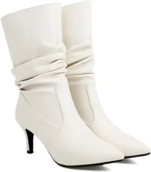 Women'S Leather Kitten Heel Mid-Calf Ankle Boots Fashion Stretch Pointed Toe Wrinkled Slip On Stiletto Heeleds Ankle Boots Leisure Comfort Parties Wedding Sexy Dress Booties